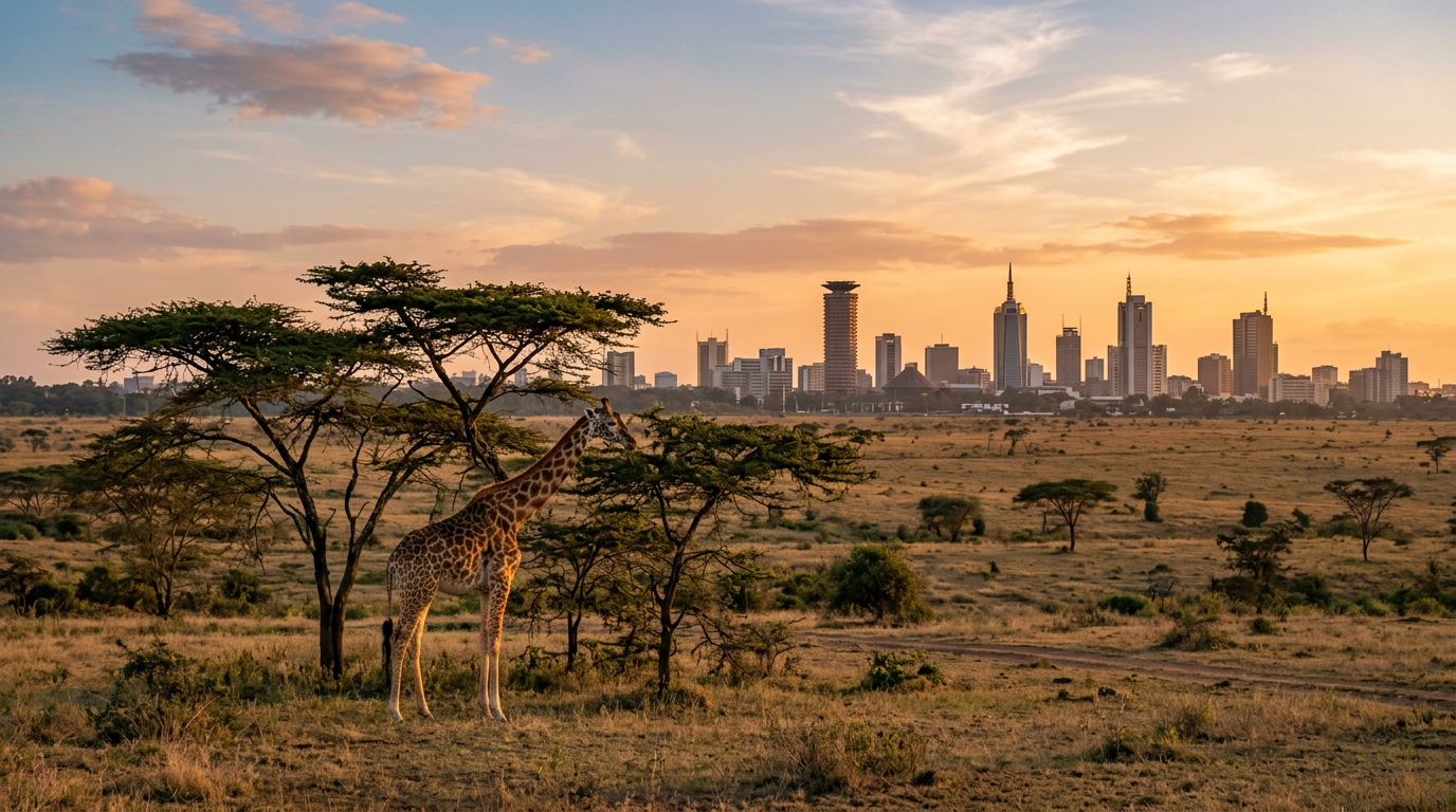 Nairobi skyline at dusk with acacia trees in the foreground